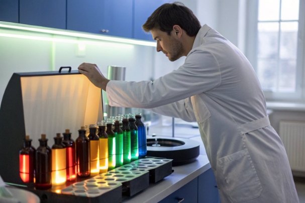Lab technician evaluating colored glass bottles under inspection light box for quality control