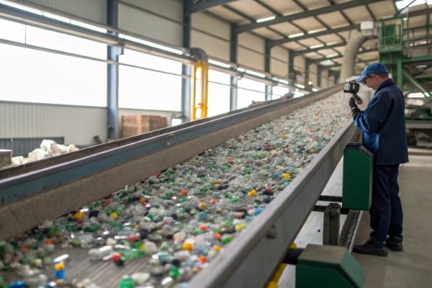 Recycled glass cullet on sorting conveyor with worker inspecting recycling process