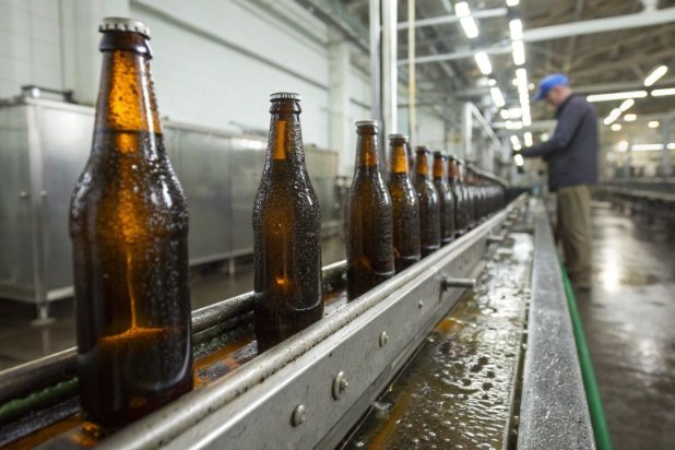 Bottle Wash Conveyor Amber beer bottles on wet conveyor line during industrial washing and inspection