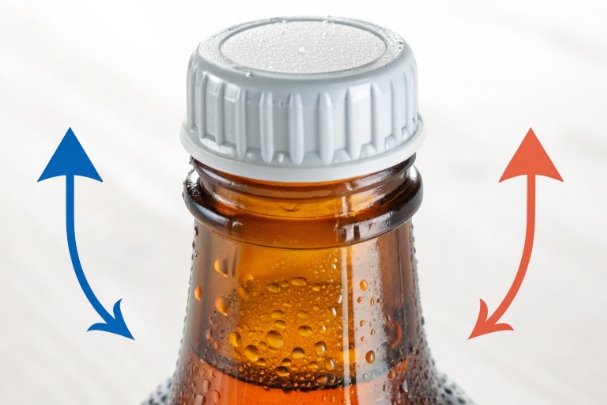 Close-up of capped amber bottle with arrows indicating twist open and close direction