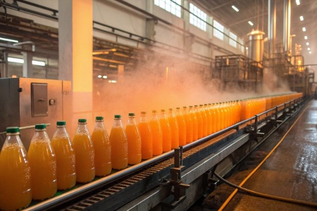 Orange drink bottles on conveyor with steam tunnel for hot filling pasteurization