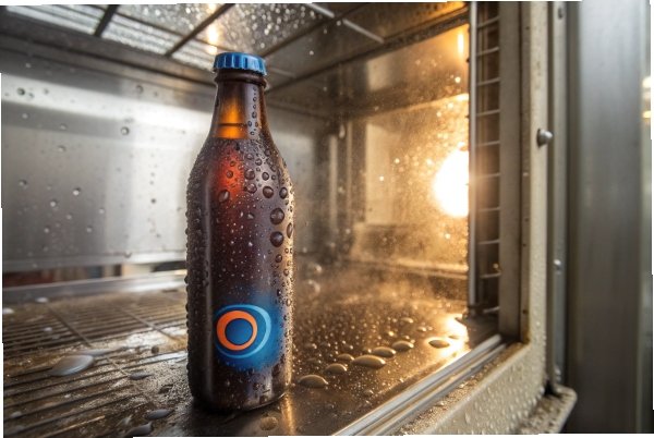 Condensation covered amber bottle in cooling tunnel for hot fill stability test