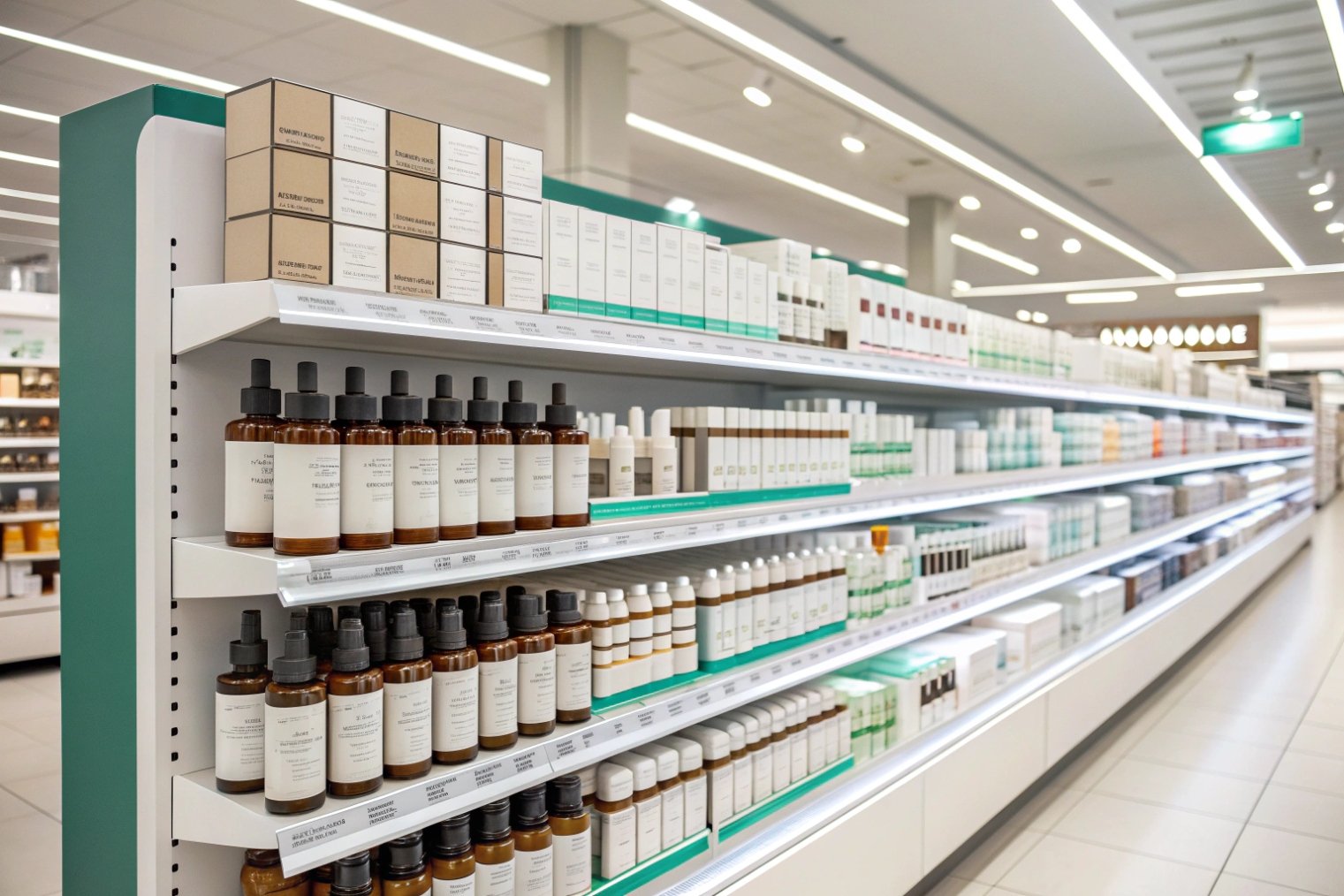 cosmetics aisle with rows of skincare bottles and boxes on illuminated store shelves