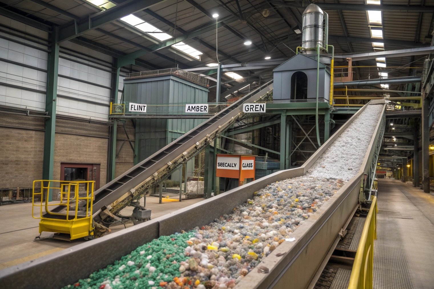 Glass recycling plant sorting flint amber and green cullet on conveyors