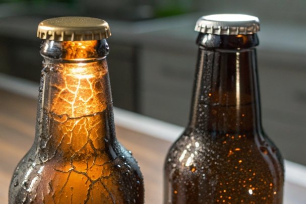 Beer bottles with cap showing thermal shock cracking versus normal bottle comparison
