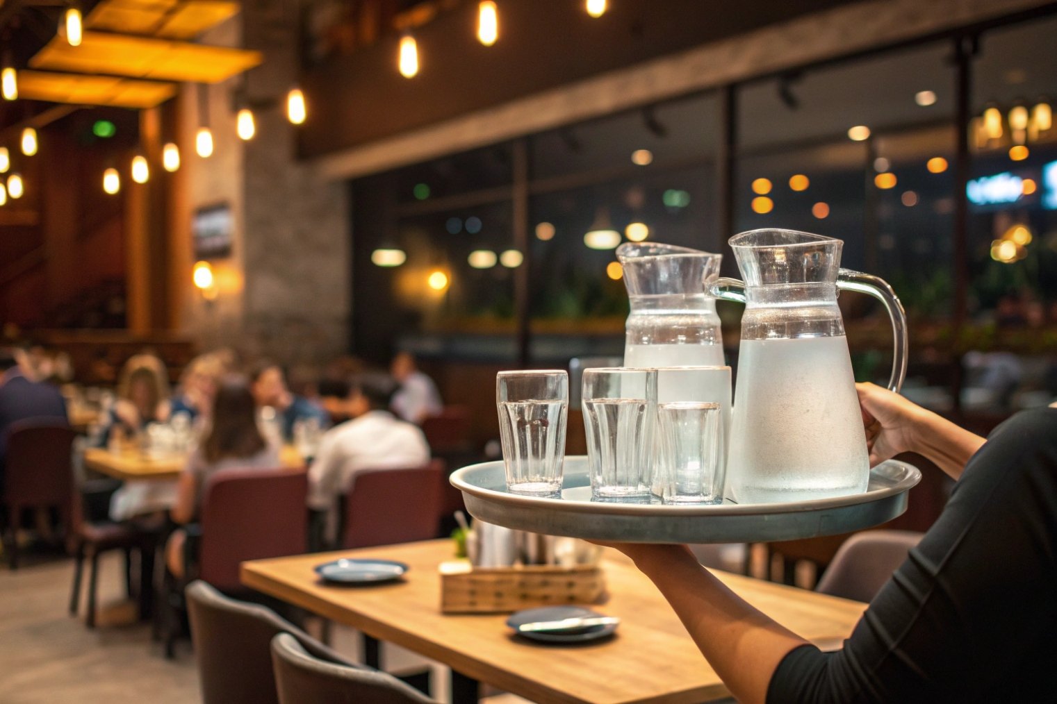Restaurant scene where a server carries a round tray holding two frosty glass water pitchers and several tumblers while diners and warm pendant lights blur in the background