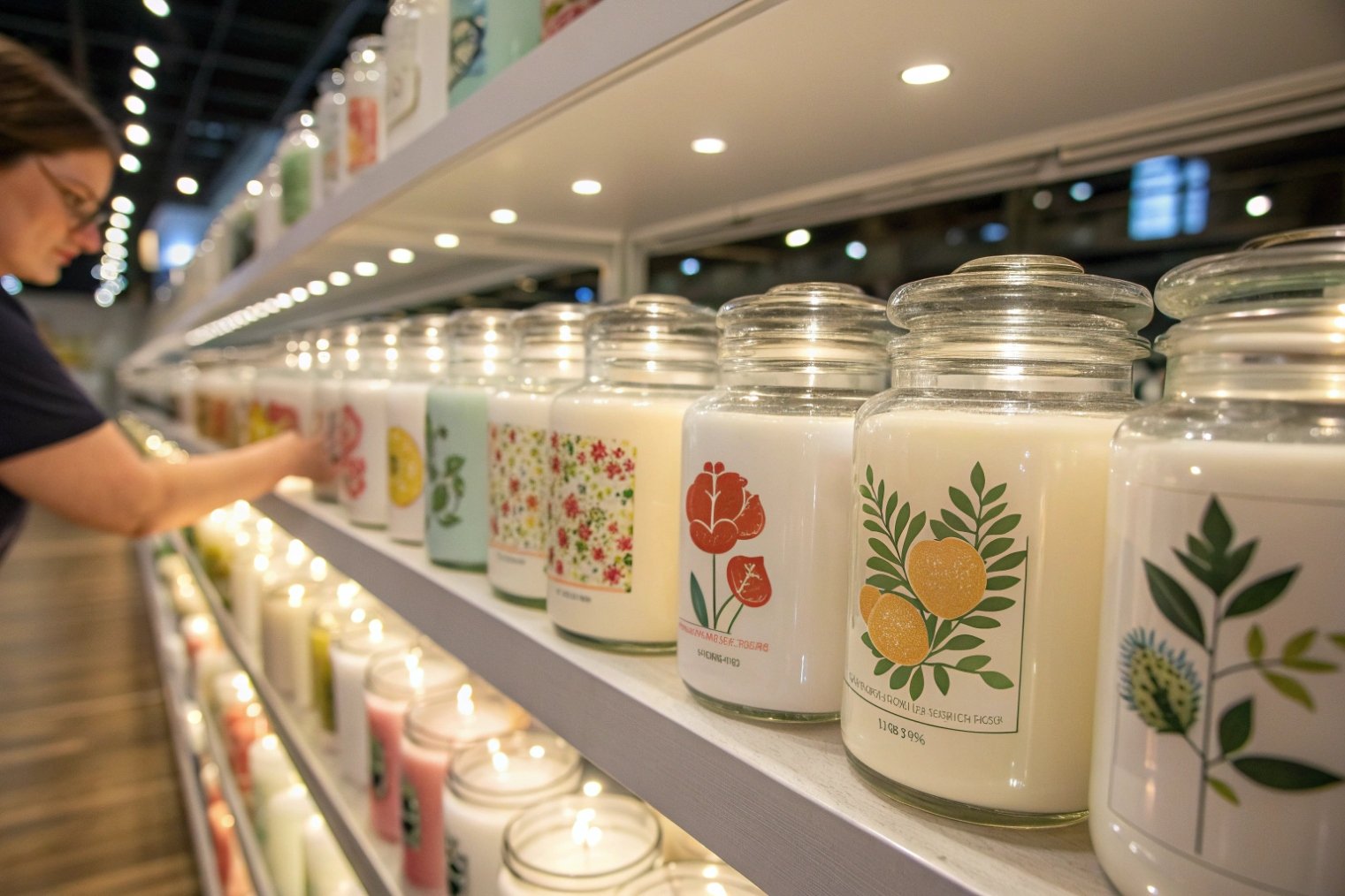 store display of large scented glass jar candles with colorful labels