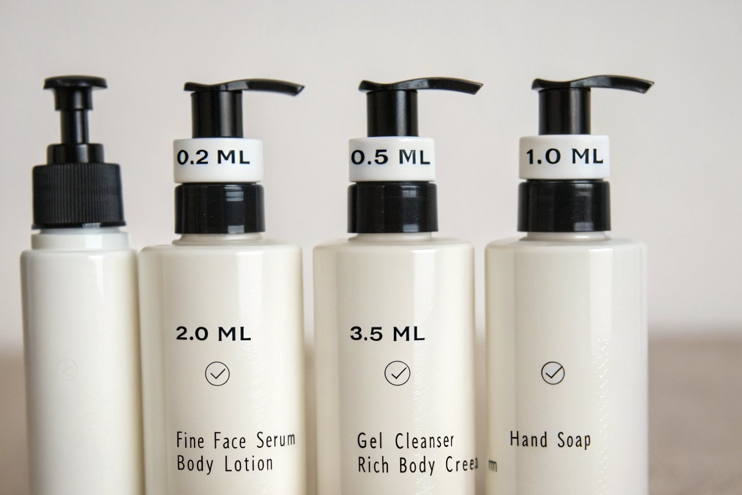 set of white cosmetic pump bottles labeled with different output dosages