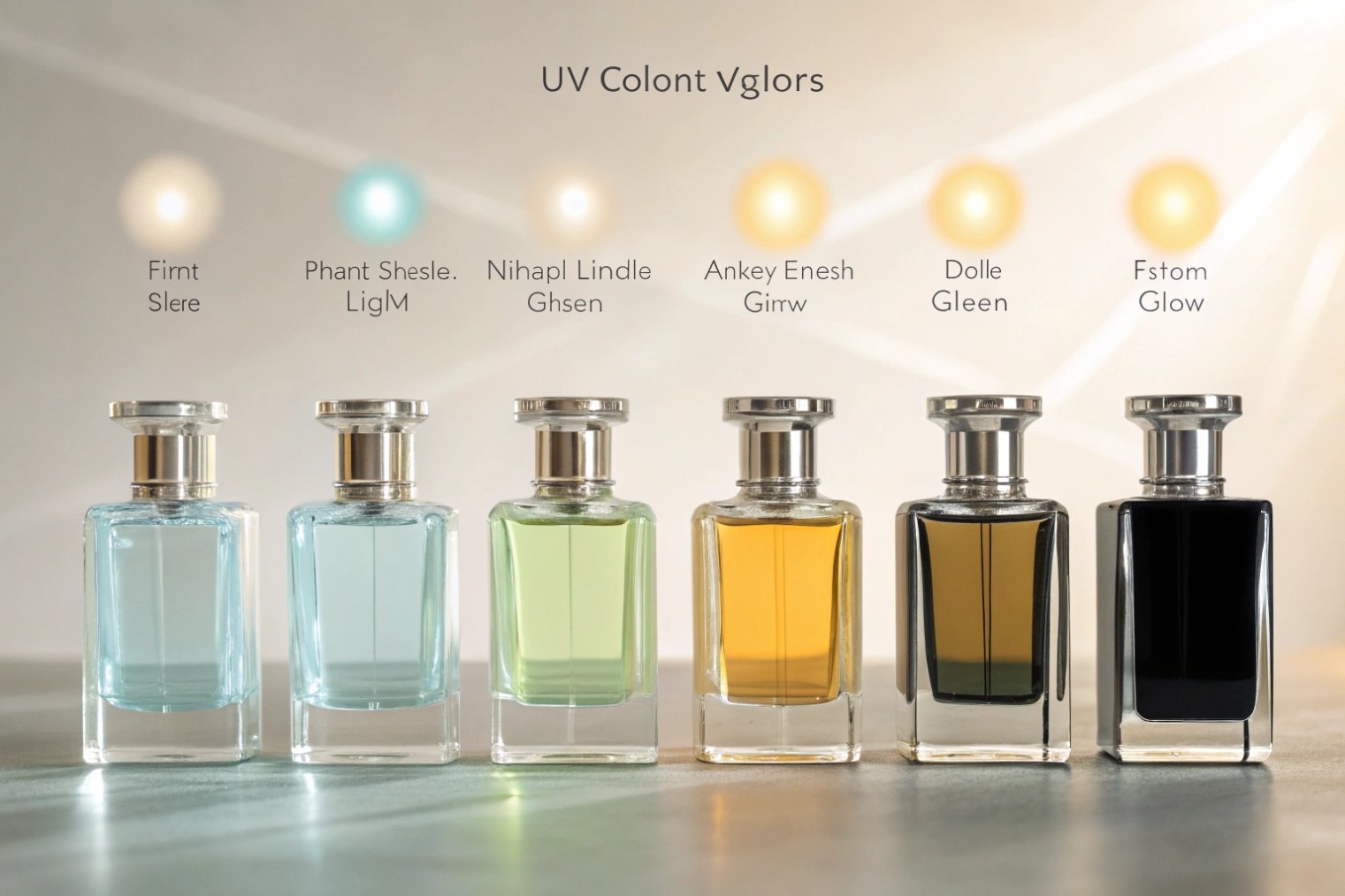 row of six UV colored perfume glass bottles in different shades