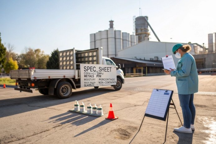 Quality inspector checking cullet delivery spec sheet and contamination limits at recycling yard