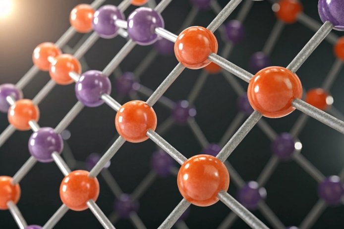 Macro view of colorful atomic lattice structure representing material science network