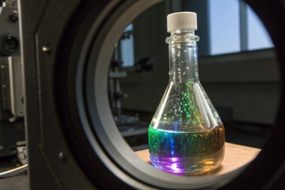 Clear lab bottle with cap holding multicolor liquid inside testing chamber