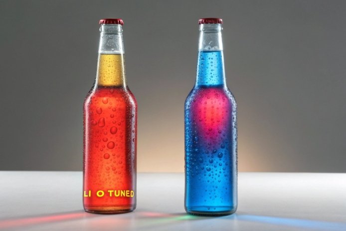 Red and blue glass bottles demonstrate Li2O tuning effects on beverage bottle color.