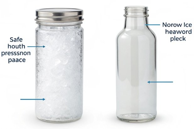 Glass jar and bottle ice fill safety diagram highlighting headspace and mouth pressure