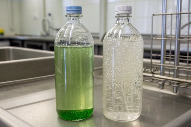 Two clear bottles with green and clear liquid on laboratory stainless work surface