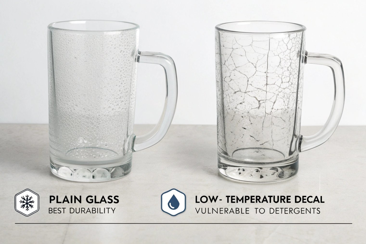 Side-by-side beer mugs one plain clear glass with intact surface and one with a cracked low-temperature decal overlay showing durability loss plus icons reading plain glass best durability and low-temperature decal vulnerable to detergents