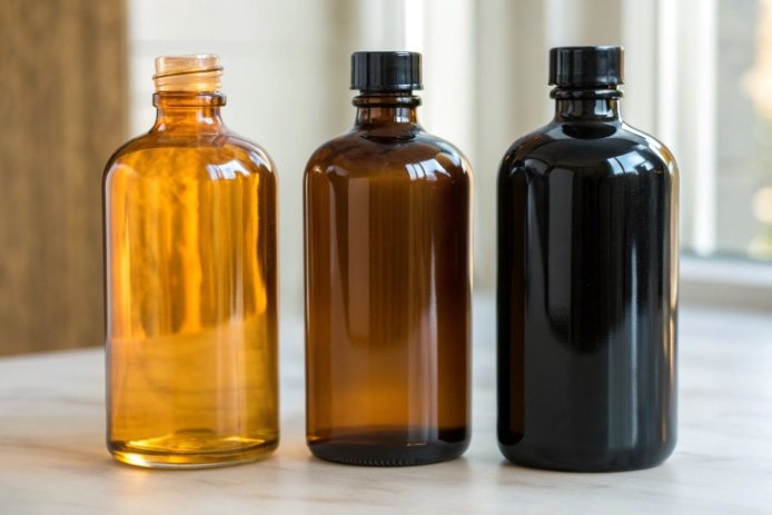 Amber, brown, and black glass bottles in different colors for packaging on table