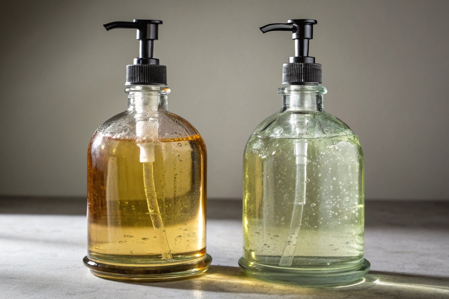 two round glass pump bottles filled with amber and clear liquid soap