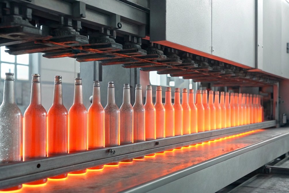 Newly formed hot glass bottles move through annealing lehr on production line