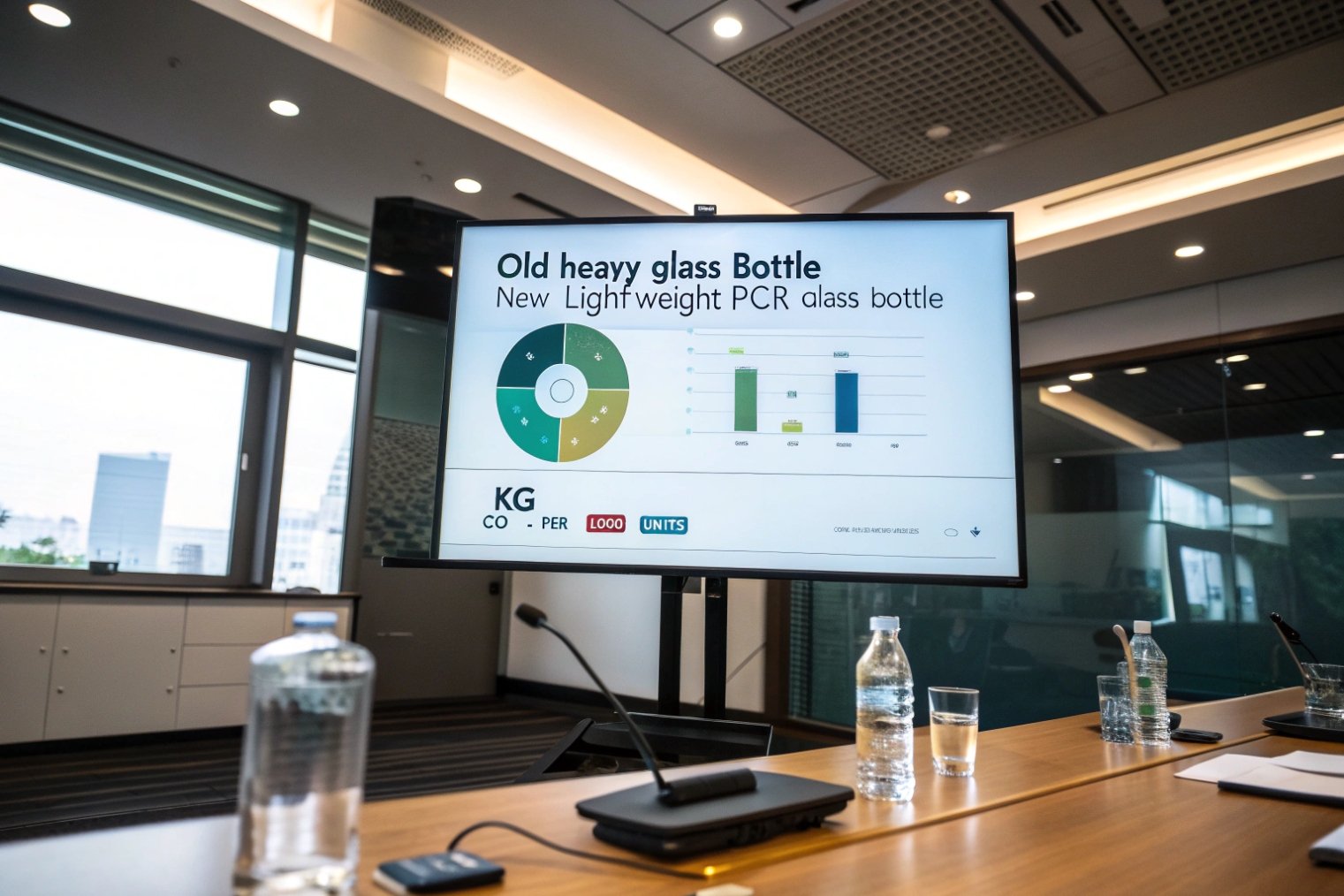 presentation comparing old heavy and new lightweight PCR glass bottles in boardroom