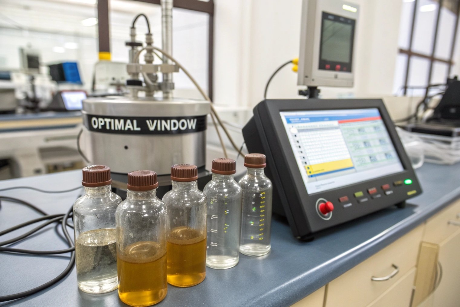 Glass sample bottles with test liquids beside automated analysis equipment