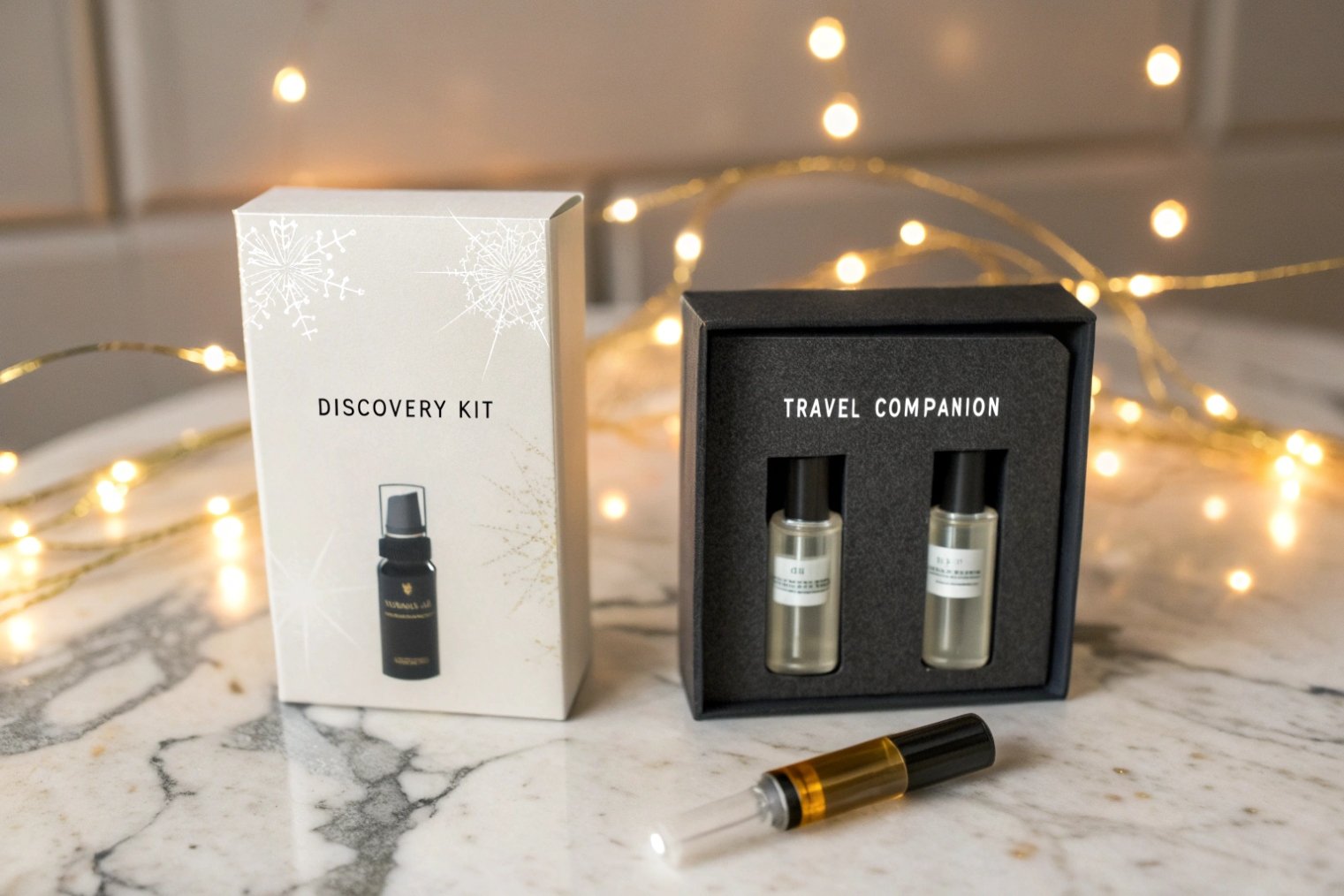 Gift-worthy marble scene with a DISCOVERY KIT box next to a TRAVEL COMPANION set holding three mini spray vials, fairy lights glowing in the background
