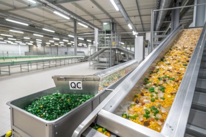 Cullet sorting conveyor with mixed color glass pieces and QC inspection bin