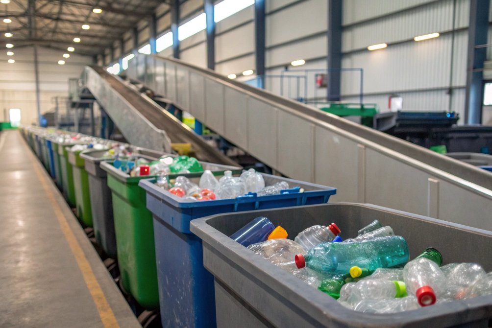 Plastic beverage bottles collected in bins on conveyor at recycling sorting facility
