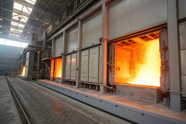 Glass Furnace Line Industrial glass furnace line with bright molten heat inside manufacturing plant
