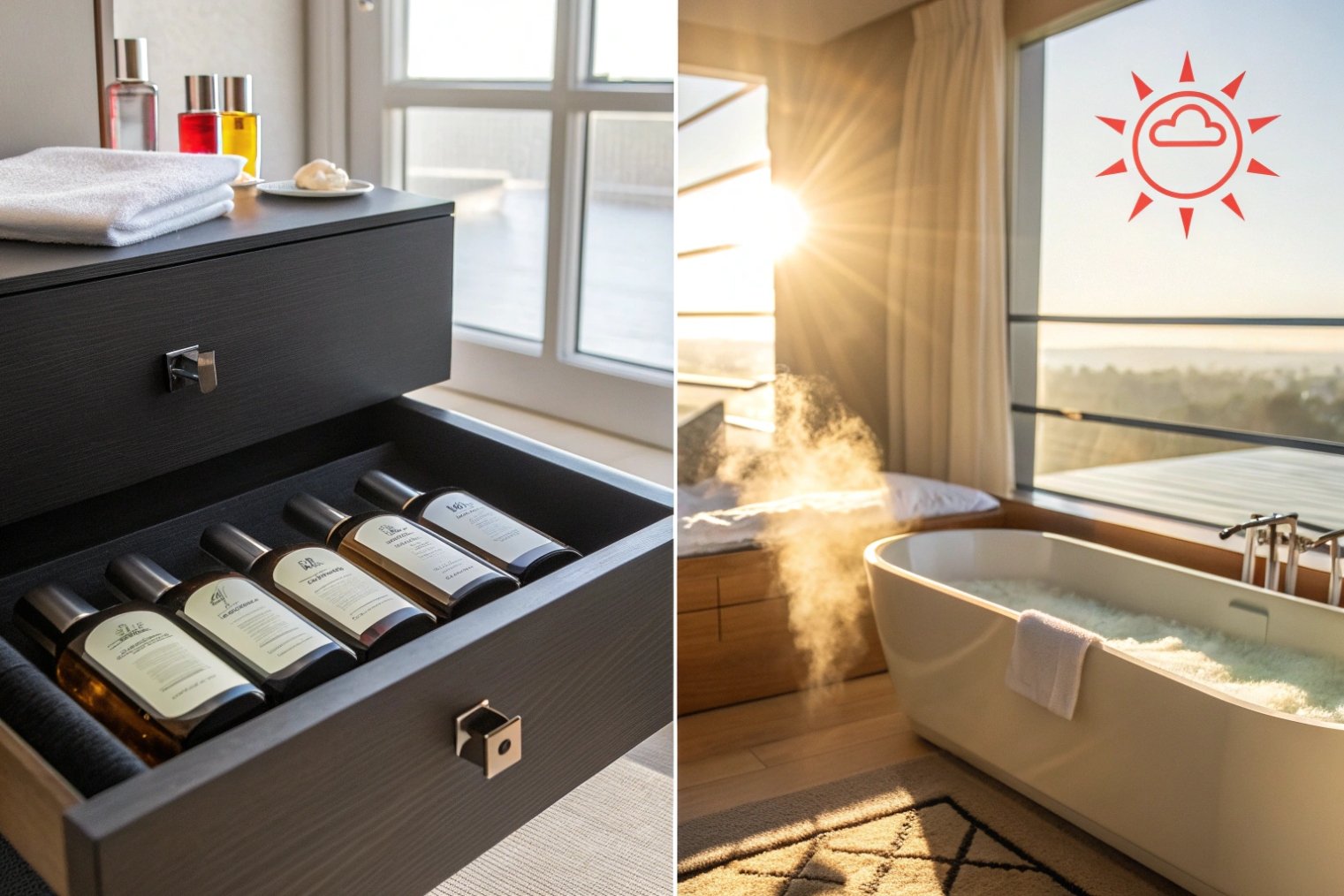drawer of perfume bottles vs steamy sunlit bathroom with tub