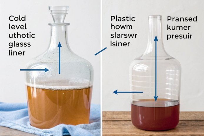 Glass carafe comparison diagram showing liner types and liquid levels for packaging education