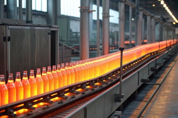 Rows of hot glass bottles glowing on conveyor inside annealing lehr for controlled cooling process