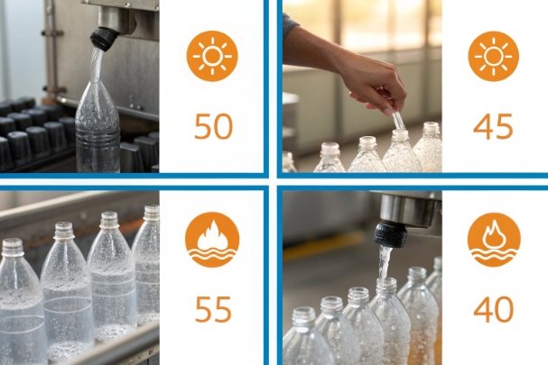 Filling temperature guide Rinsing and filling temperature infographic with bottles and icons for process control