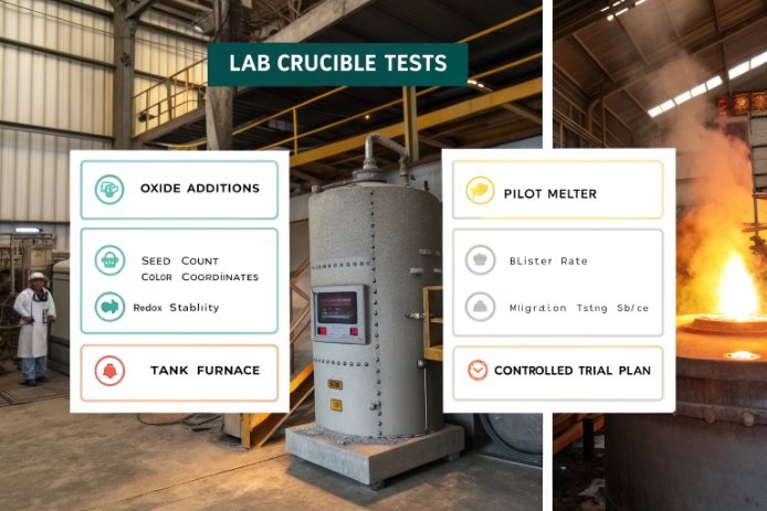 Lab crucible test setup for oxide additions, seed count, redox stability and pilot melter trials
