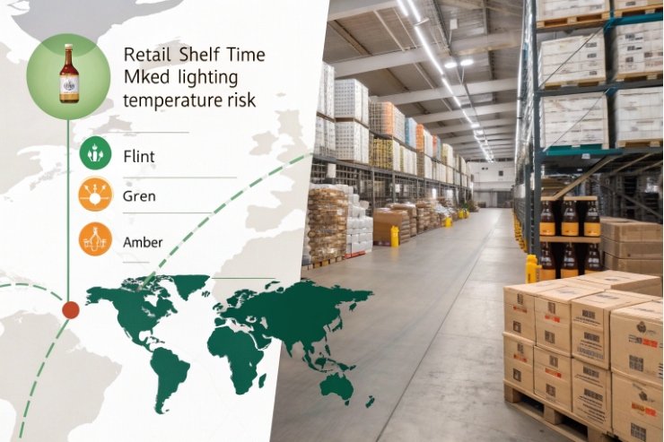 Warehouse storage of bottled beverages with infographic about shelf time lighting and temperature risks