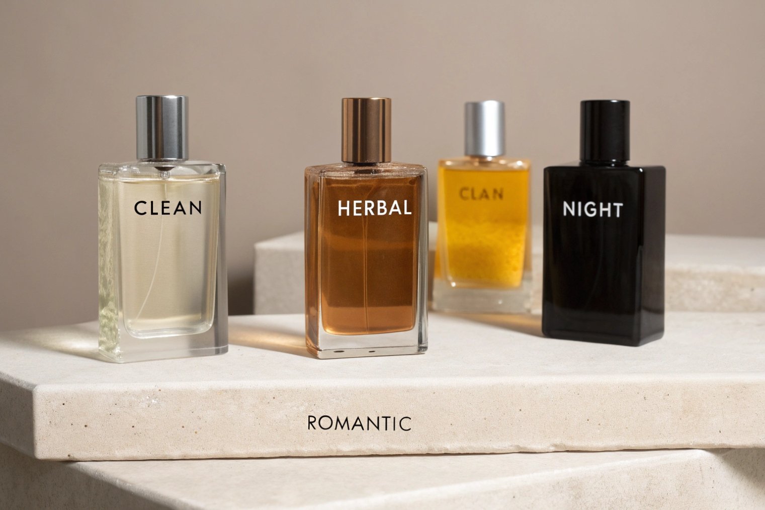 collection of clean herbal clan night perfumes in square glass bottles on stone podium