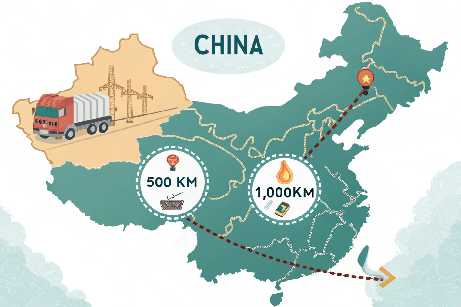 illustrated map of China showing glass packaging supply chain logistics distances