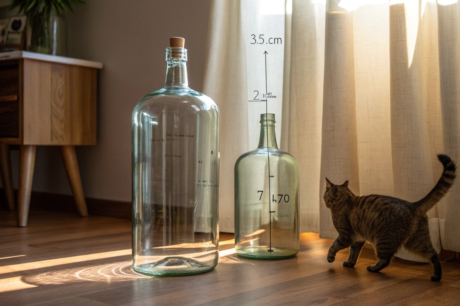 Two oversized clear glass carboys in sunny room with curious cat