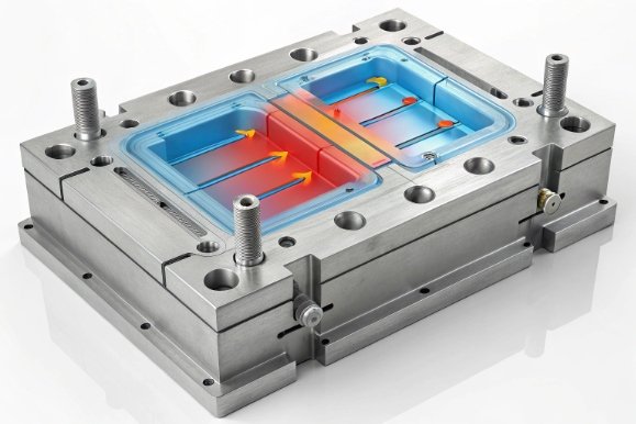 Precision metal mold with colored flow simulation showing cooling channels and fill pattern