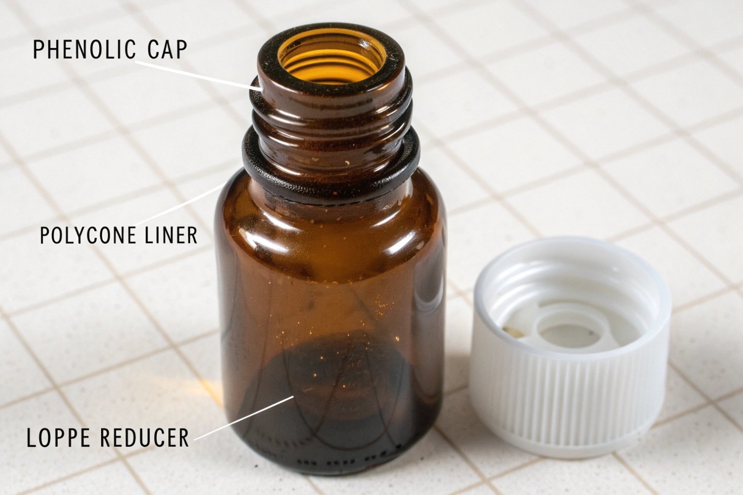 close up amber essential oil bottle with phenolic cap polycone liner and dropper reducer
