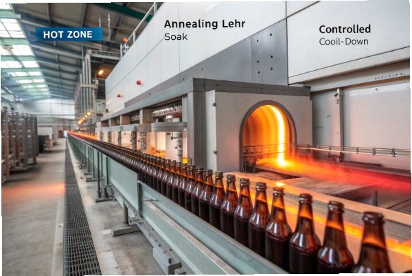 Annealing lehr tunnel with bottles passing hot zone soak and controlled cool down