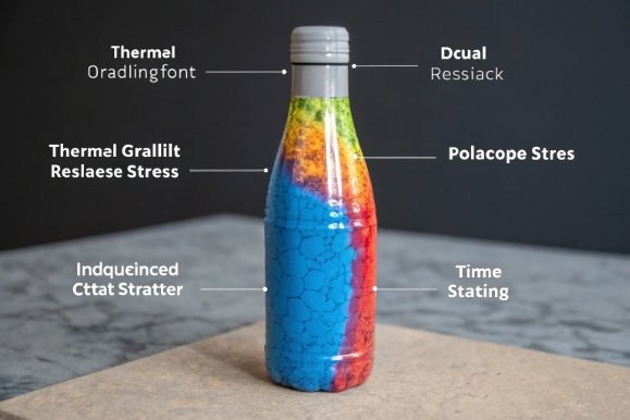 Glass bottle with colorful stress pattern and labels explaining thermal stress and cracking
