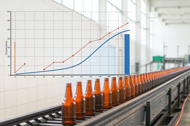 Amber bottles on conveyor with performance chart overlay for production quality monitoring