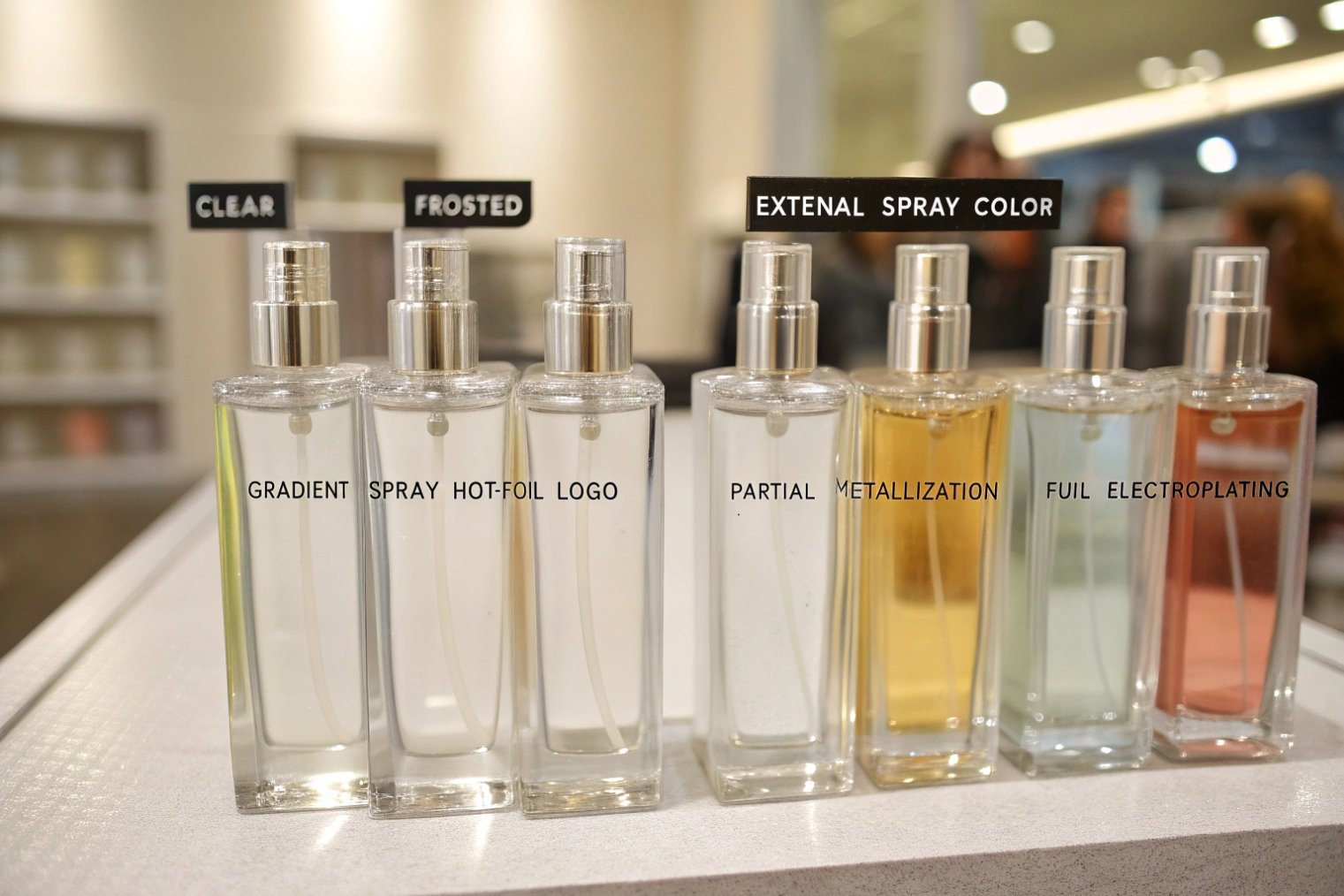 Row of identical test bottles demonstrating finishes like clear, frosted, gradient spray, hot-foil logo, metallization, and electroplating