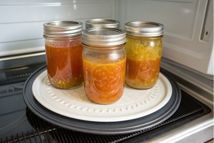 Four filled mason jars with metal lids placed on microwave turntable for heating