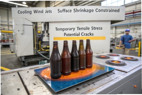 Cooling Stress Test Amber bottles under cooling wind jets showing surface shrinkage stress and crack risk