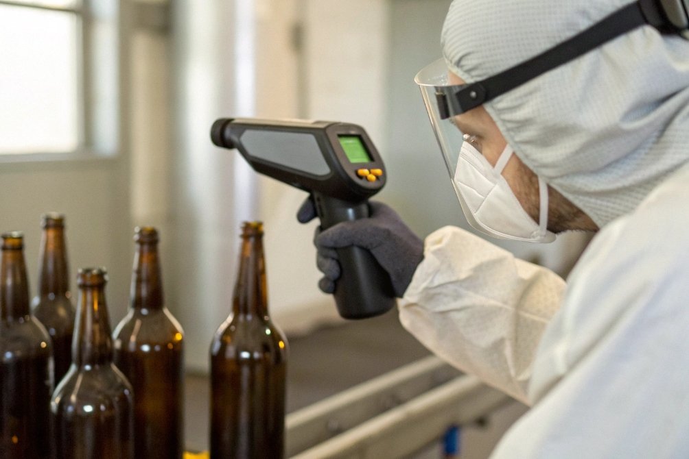 Scientist inspecting bottles using infrared thermometer