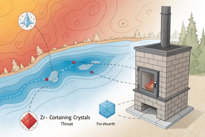 Diagram maps zircon crystals causing devitrification from throat to forehearth in glass furnace.