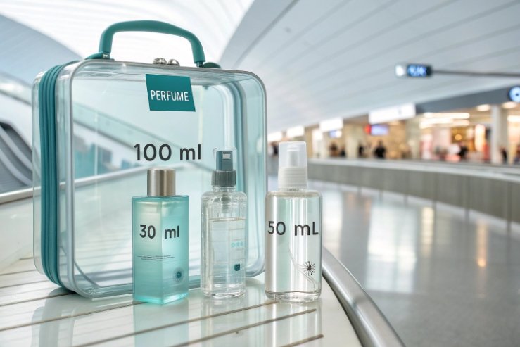 Travel size perfume bottles labeled 30ml 50ml 100ml in clear carry bag at airport
