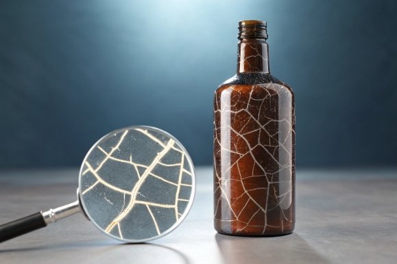 Cracked amber glass bottle with magnifying glass showing stress lines and defect inspection detail